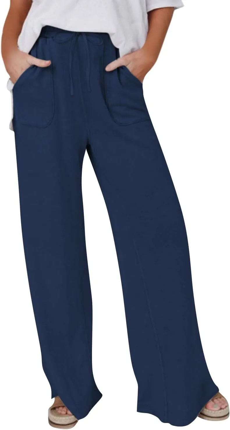 Linen Pants Women Summer Elastic High Waisted Wide Leg Pants Drawstring Lightweight Summer Pants Boho Beach Trousers
