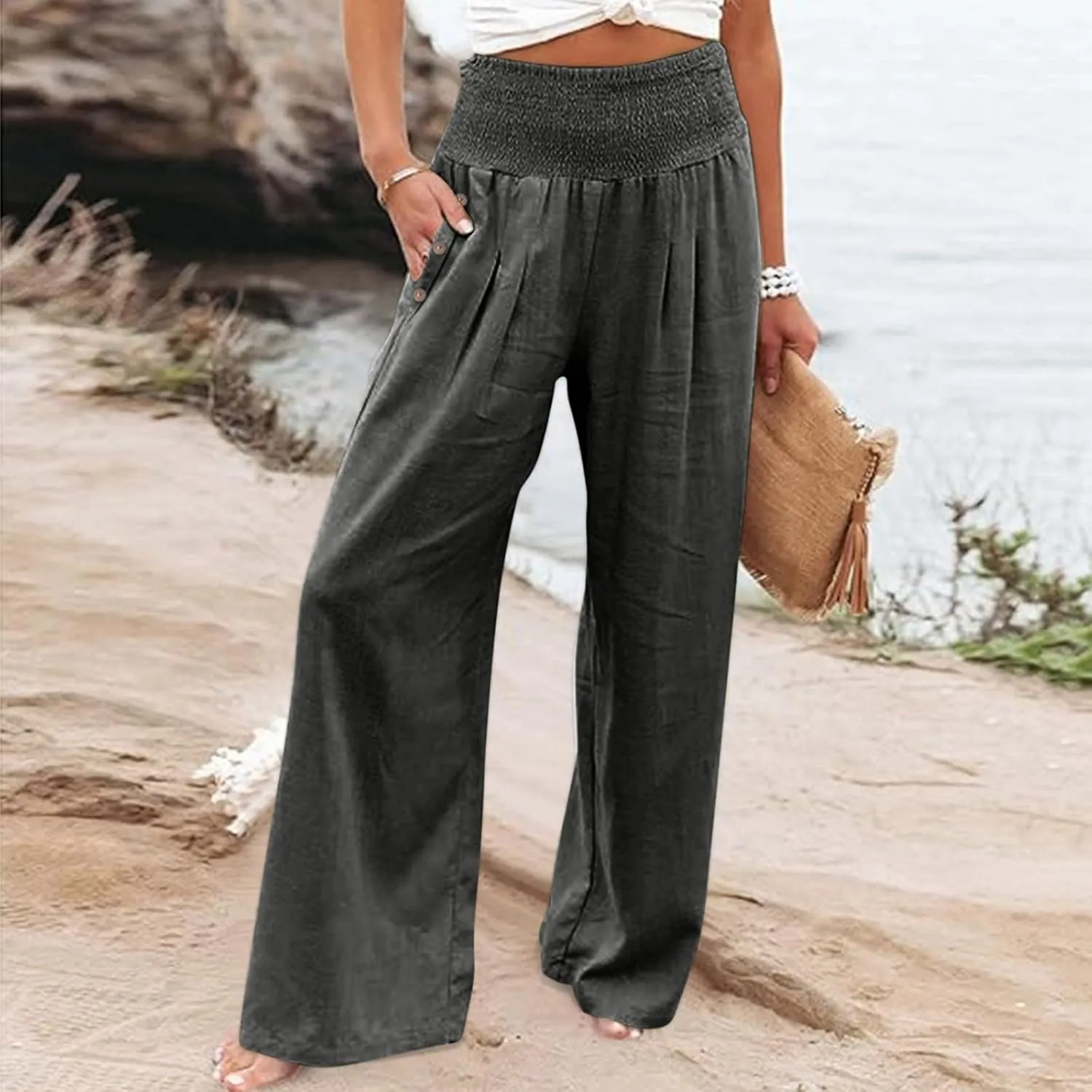 Linen Wide Leg Pants Women Summer Casual Drawstring Elastic High Waist Trousers Beach Trendy Palazzo Pant Knit Pants