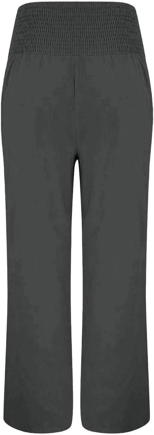 Linen Wide Leg Pants Women Summer Casual Drawstring Elastic High Waist Trousers Beach Trendy Palazzo Pant Knit Pants