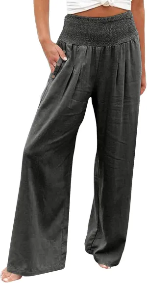 Linen Wide Leg Pants Women Summer Casual Drawstring Elastic High Waist Trousers Beach Trendy Palazzo Pant Knit Pants