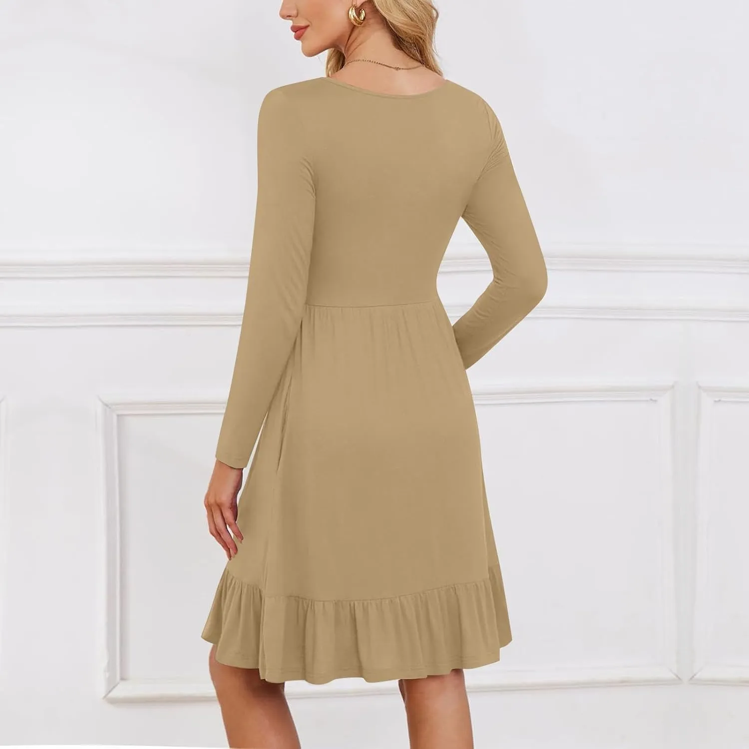 Long Sleeve Dress for Women Plus Size Casual Ruffle Tiered Swing Midi Dress with Pocket Tunic A-Line Dresses