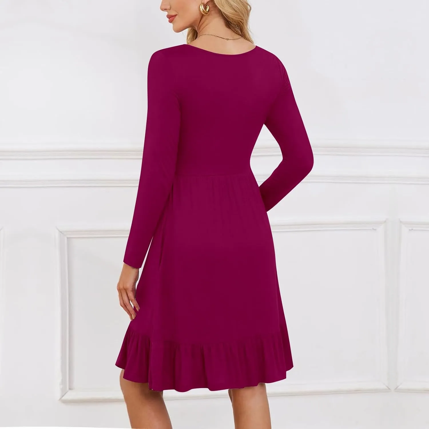 Long Sleeve Dress for Women Plus Size Casual Ruffle Tiered Swing Midi Dress with Pocket Tunic A-Line Dresses
