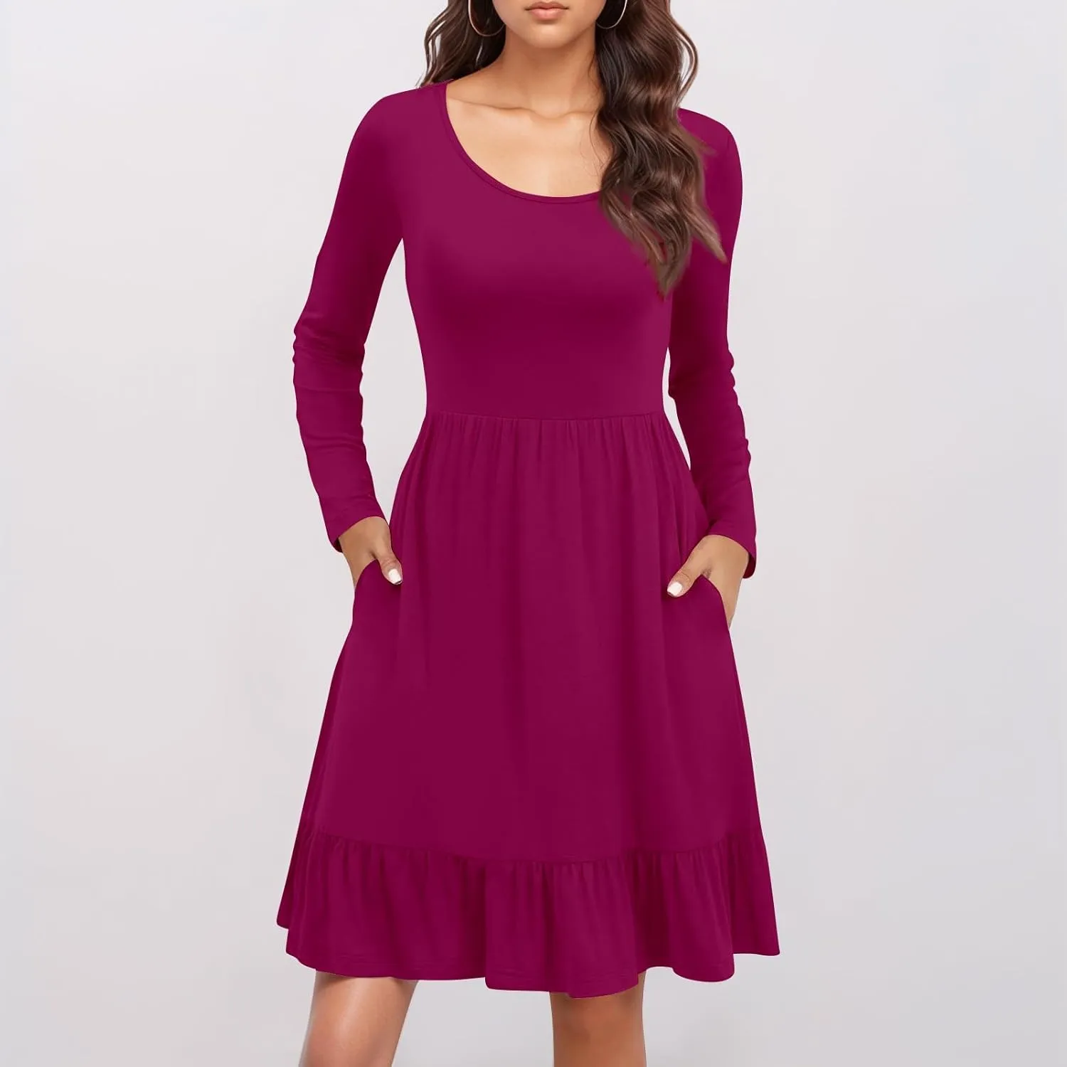 Long Sleeve Dress for Women Plus Size Casual Ruffle Tiered Swing Midi Dress with Pocket Tunic A-Line Dresses