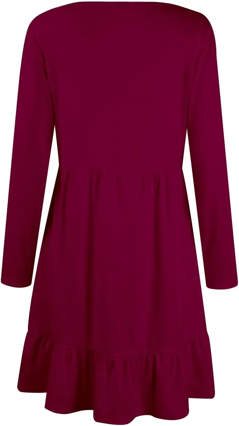 Long Sleeve Dress for Women Plus Size Casual Ruffle Tiered Swing Midi Dress with Pocket Tunic A-Line Dresses