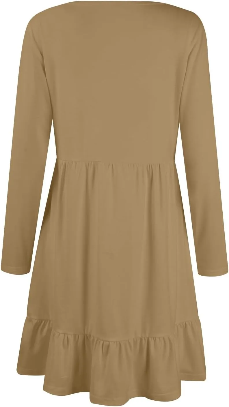 Long Sleeve Dress for Women Plus Size Casual Ruffle Tiered Swing Midi Dress with Pocket Tunic A-Line Dresses