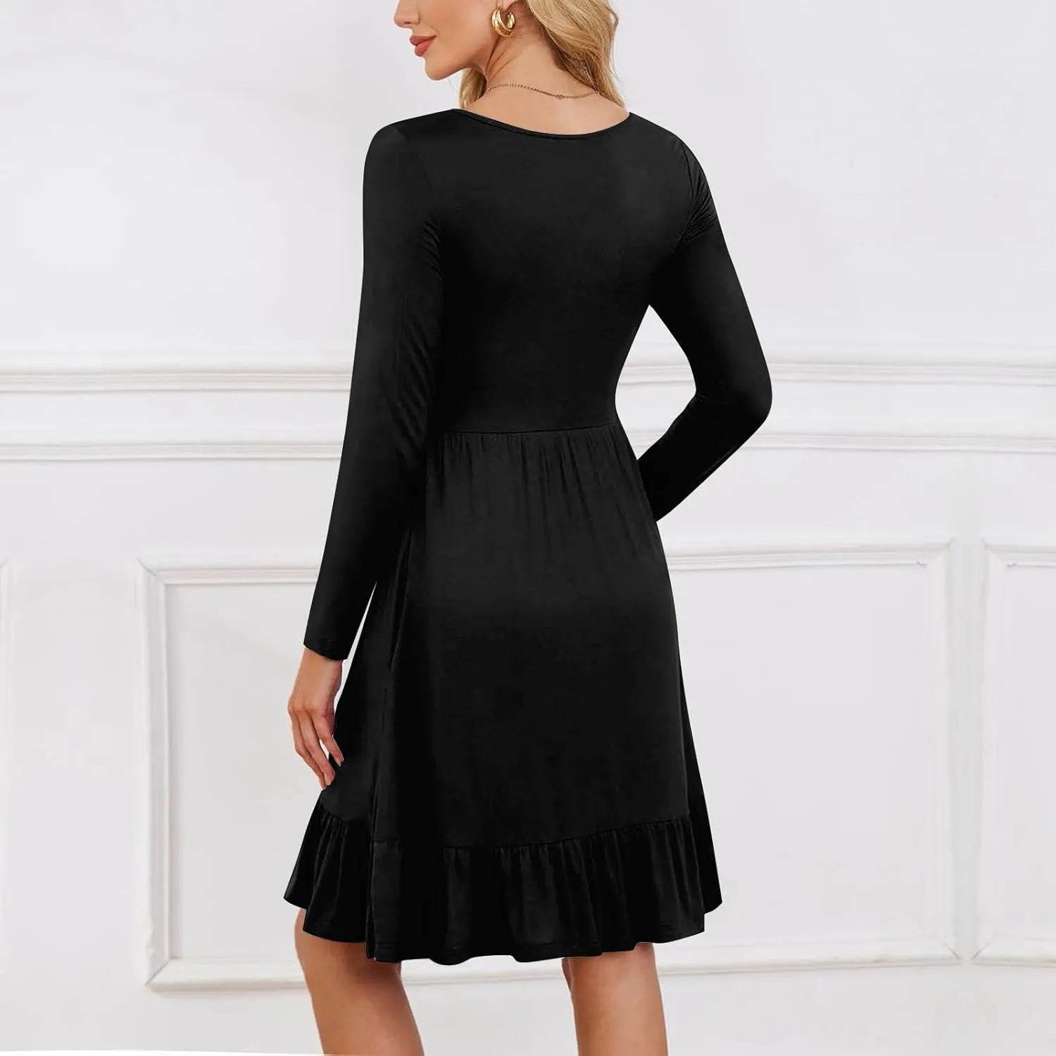 Long Sleeve Dress for Women Plus Size Casual Ruffle Tiered Swing Midi Dress with Pocket Tunic A-Line Dresses