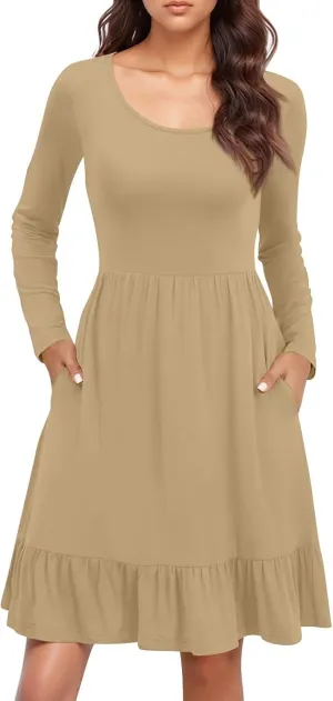 Long Sleeve Dress for Women Plus Size Casual Ruffle Tiered Swing Midi Dress with Pocket Tunic A-Line Dresses