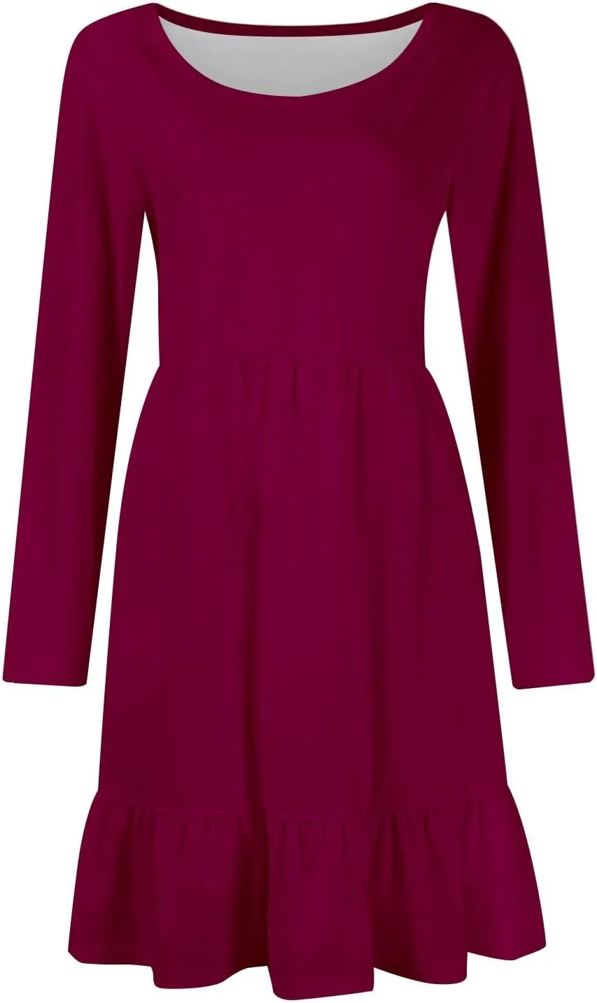 Long Sleeve Dress for Women Plus Size Casual Ruffle Tiered Swing Midi Dress with Pocket Tunic A-Line Dresses