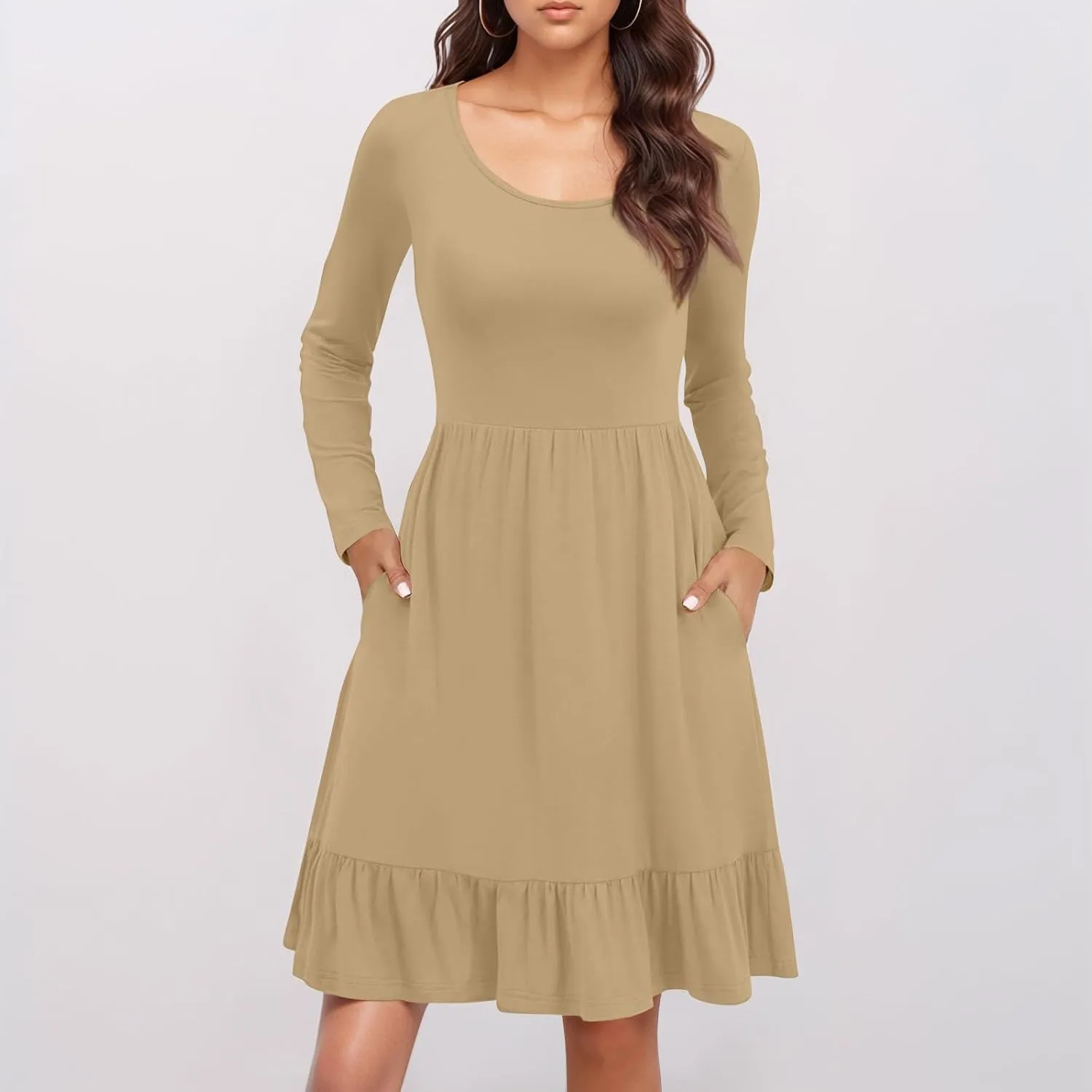 Long Sleeve Dress for Women Plus Size Casual Ruffle Tiered Swing Midi Dress with Pocket Tunic A-Line Dresses