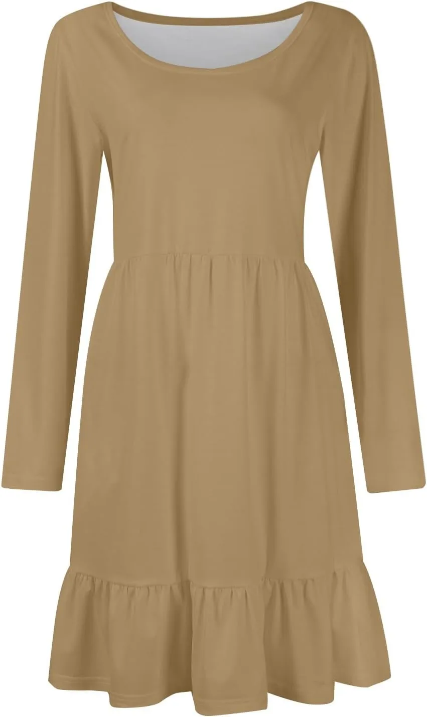 Long Sleeve Dress for Women Plus Size Casual Ruffle Tiered Swing Midi Dress with Pocket Tunic A-Line Dresses