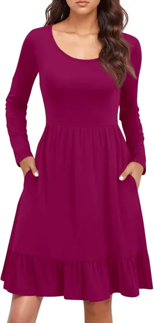 Long Sleeve Dress for Women Plus Size Casual Ruffle Tiered Swing Midi Dress with Pocket Tunic A-Line Dresses