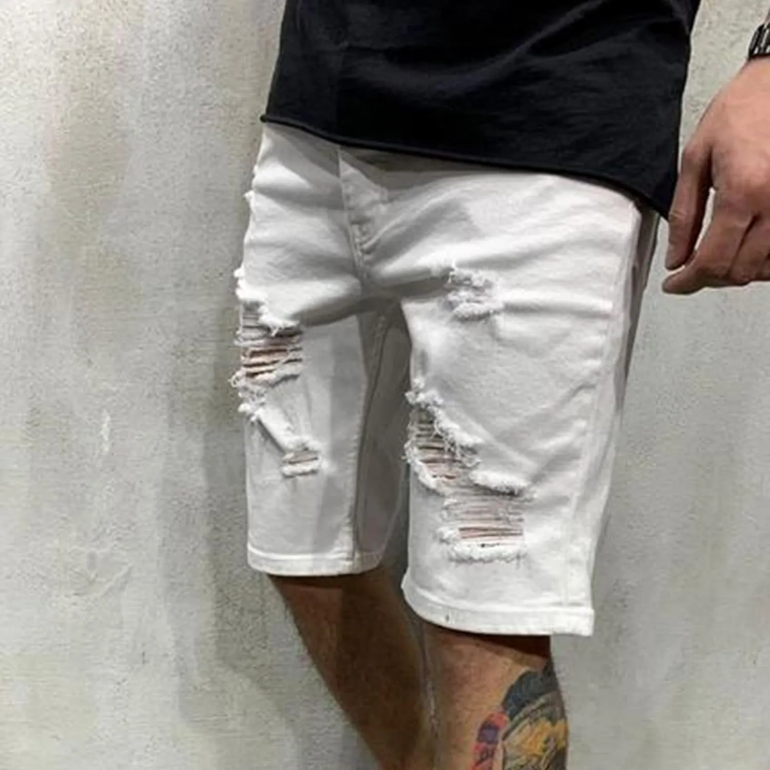 Maiyifu-GJ Men's Fashion Ripped Jean Shorts Casual Distressed Denim Shorts Summer Slim Fit Hole Short Pants