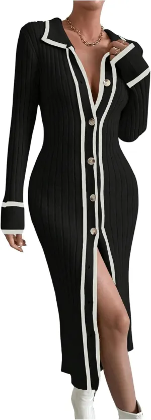 MakeMeChic Women's Contrast Binding Long Sleeve Collared Button Down Rib Knitted Midi Sweater Dress