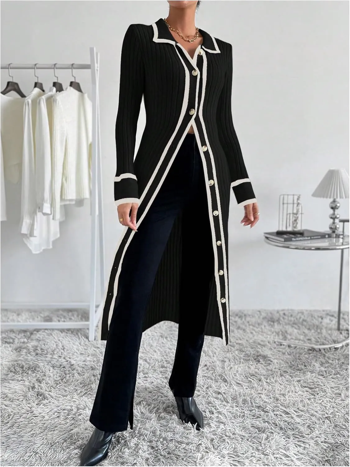 MakeMeChic Women's Contrast Binding Long Sleeve Collared Button Down Rib Knitted Midi Sweater Dress