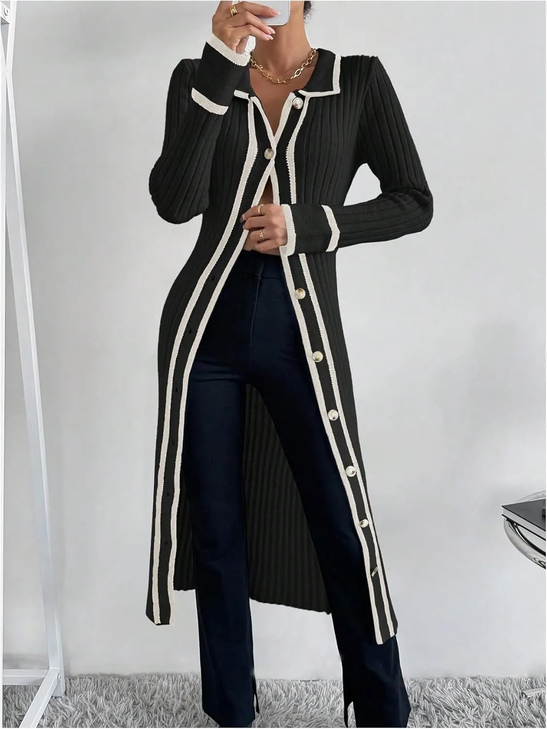 MakeMeChic Women's Contrast Binding Long Sleeve Collared Button Down Rib Knitted Midi Sweater Dress