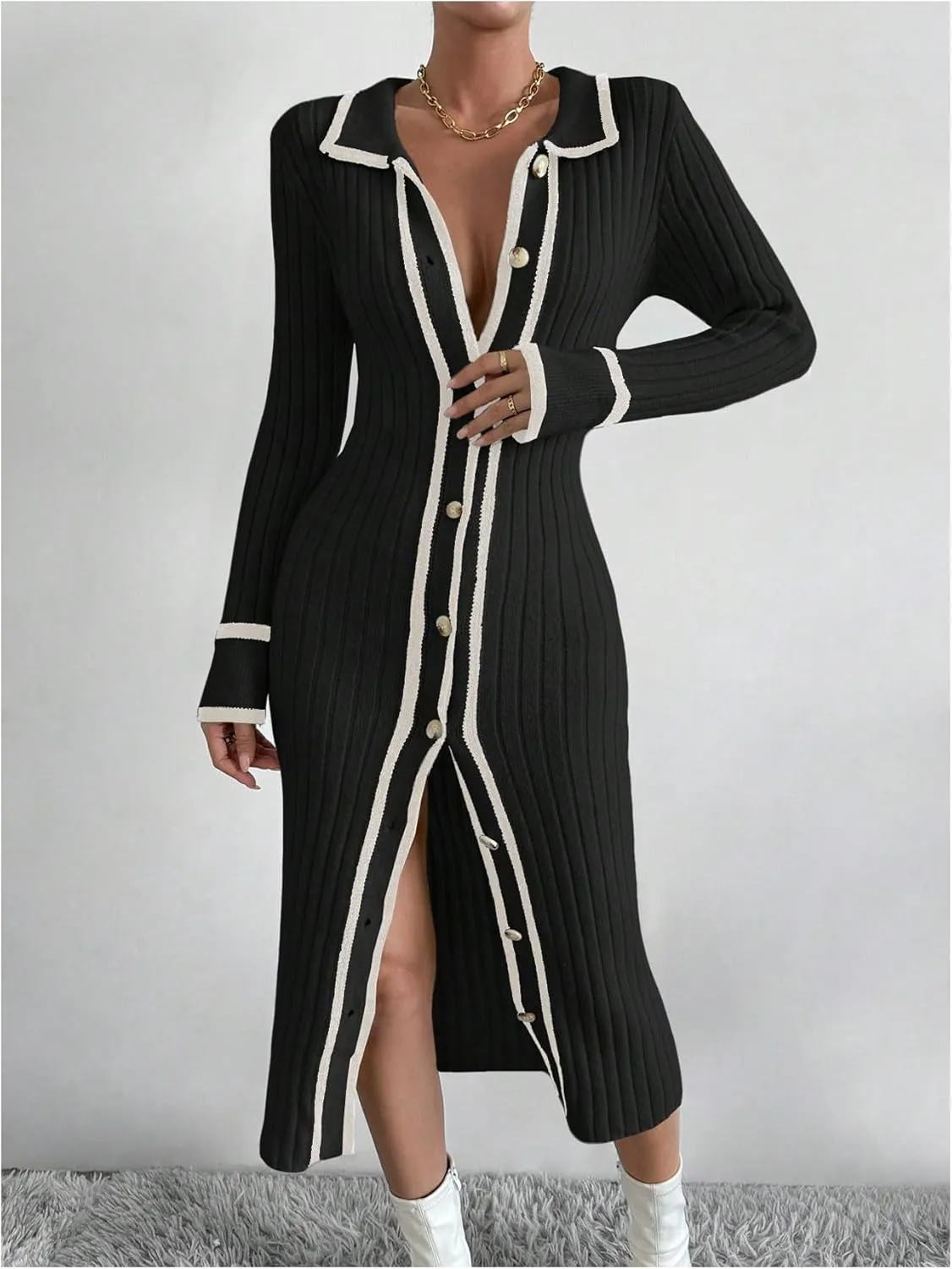 MakeMeChic Women's Contrast Binding Long Sleeve Collared Button Down Rib Knitted Midi Sweater Dress