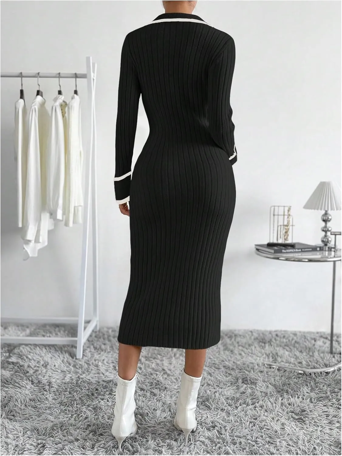 MakeMeChic Women's Contrast Binding Long Sleeve Collared Button Down Rib Knitted Midi Sweater Dress