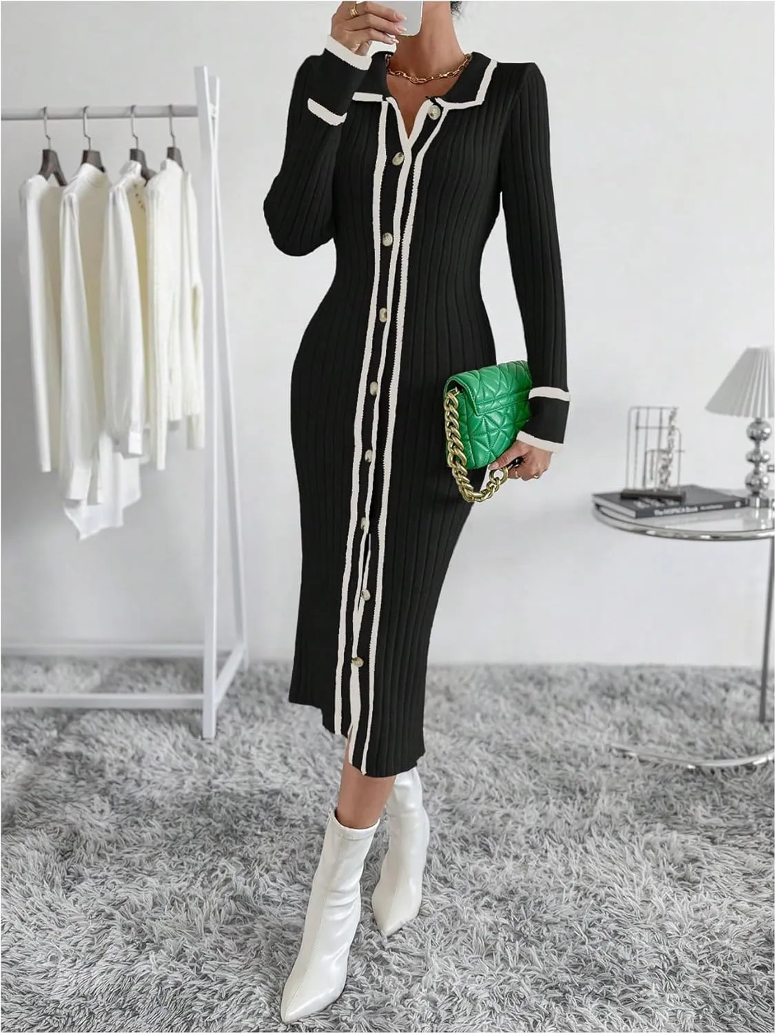 MakeMeChic Women's Contrast Binding Long Sleeve Collared Button Down Rib Knitted Midi Sweater Dress