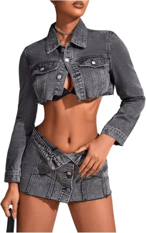 MakeMeChic Women's Cropped Button Down Jacket Long Sleeve Collar Neck Raw Trim Denim Coat
