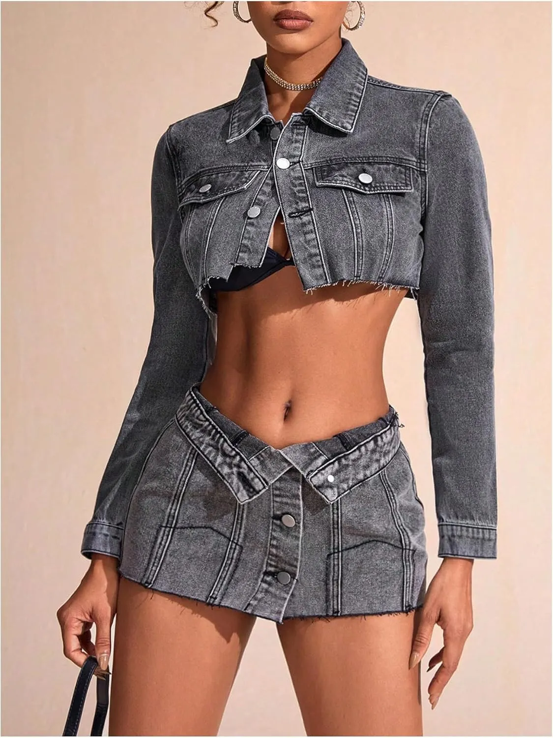 MakeMeChic Women's Cropped Button Down Jacket Long Sleeve Collar Neck Raw Trim Denim Coat