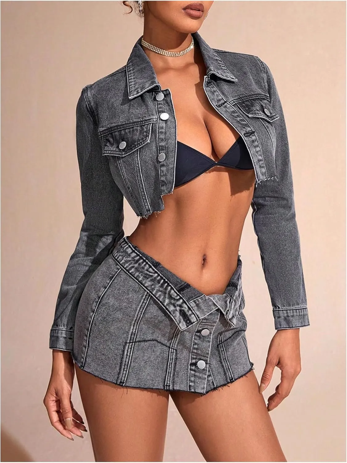 MakeMeChic Women's Cropped Button Down Jacket Long Sleeve Collar Neck Raw Trim Denim Coat