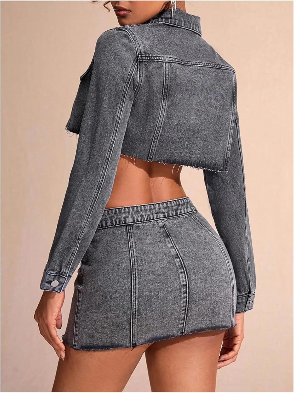 MakeMeChic Women's Cropped Button Down Jacket Long Sleeve Collar Neck Raw Trim Denim Coat