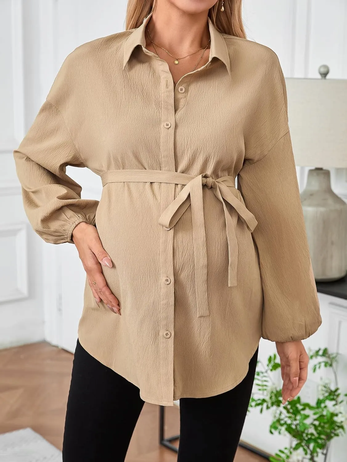 MakeMeChic Women's Maternity Shirts Long Sleeve Belted Button Down Casual Pregnancy Blouse Tops