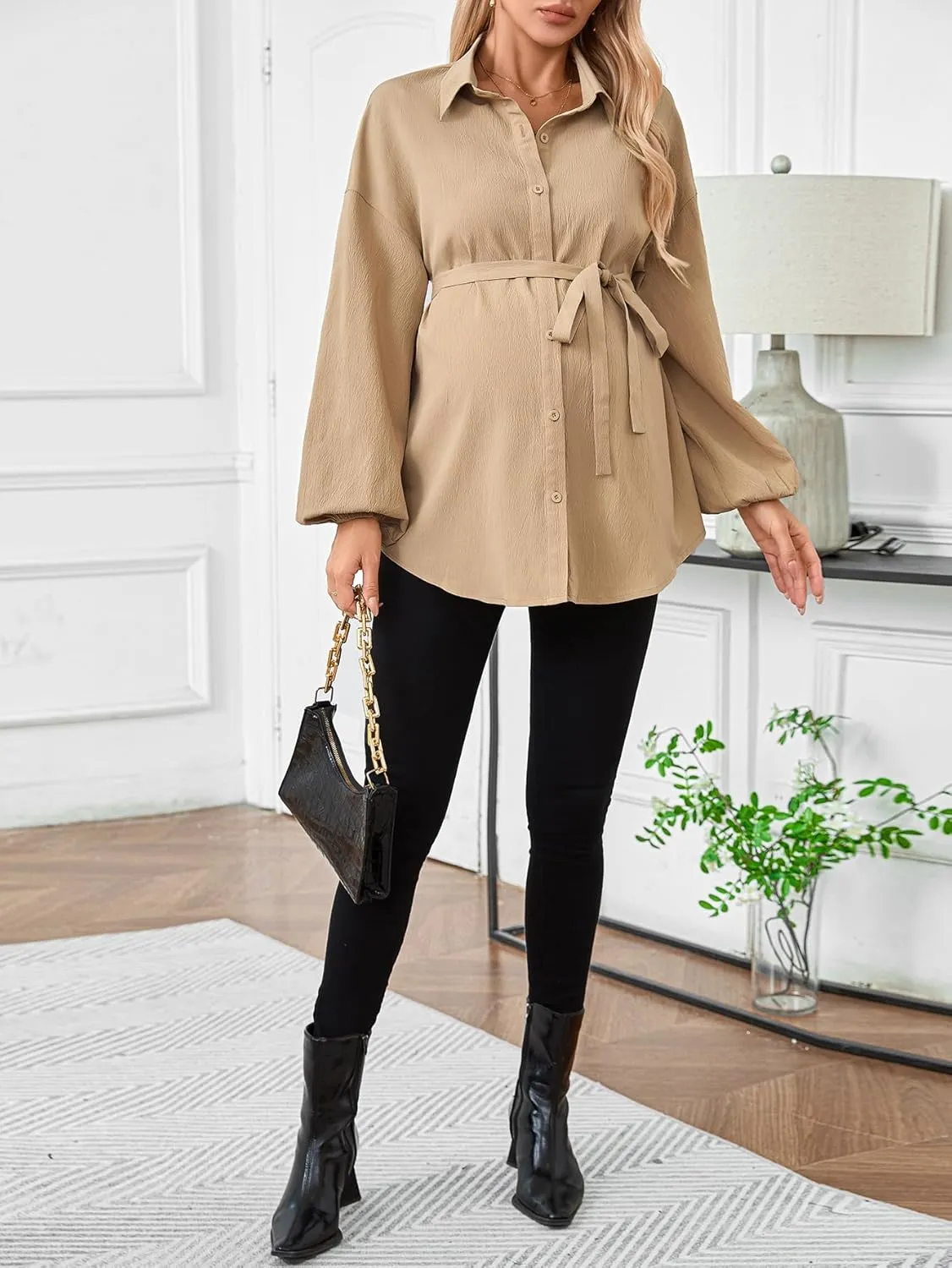 MakeMeChic Women's Maternity Shirts Long Sleeve Belted Button Down Casual Pregnancy Blouse Tops