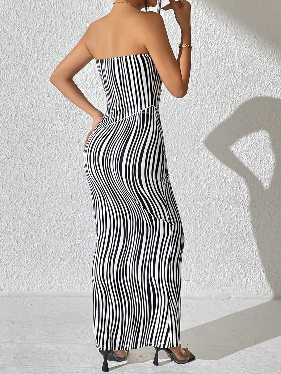 MakeMeChic Women's Striped 2 Piece Outfits Strapless Bandeau Tube Tops and Maxi Skirts