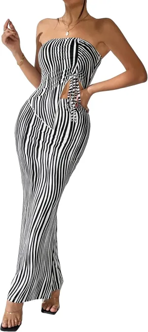 MakeMeChic Women's Striped 2 Piece Outfits Strapless Bandeau Tube Tops and Maxi Skirts