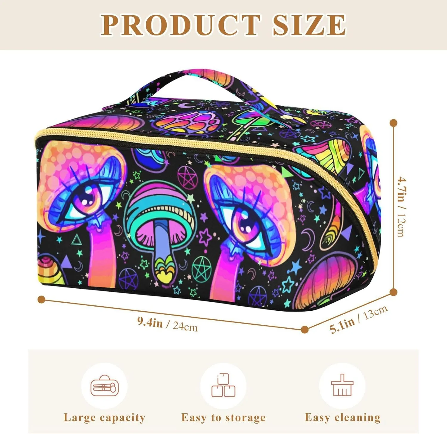 Makeup Bag Magic Mushrooms Cosmetic Toiletry Bag for Women, Open Flat Make up Organizer Storage Bag Travel Essentials Zipper Pouch