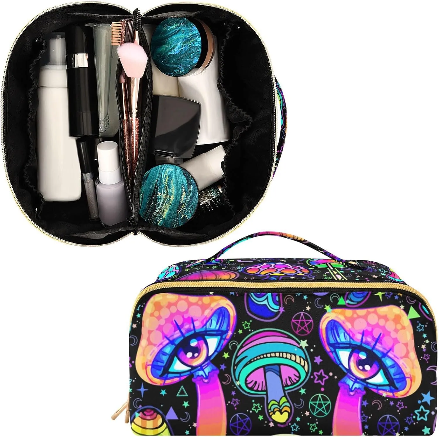 Makeup Bag Magic Mushrooms Cosmetic Toiletry Bag for Women, Open Flat Make up Organizer Storage Bag Travel Essentials Zipper Pouch