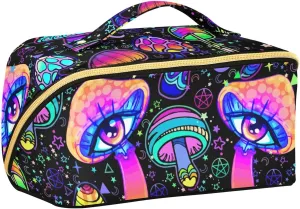 Makeup Bag Magic Mushrooms Cosmetic Toiletry Bag for Women, Open Flat Make up Organizer Storage Bag Travel Essentials Zipper Pouch