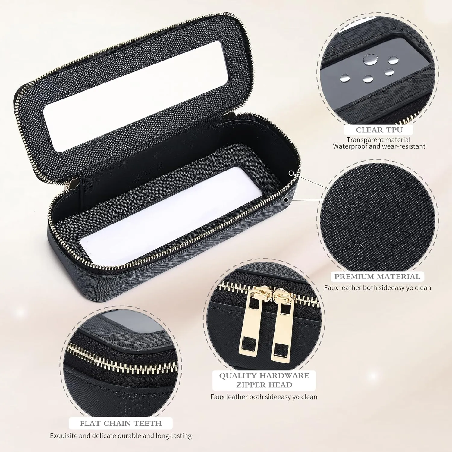 Makeup Brush Case Clear Travel Cosmetic & Toiletry Bag Small Makeup Bag with Zipper Purse Organizer Car Essential Bag for Women (Black, SLIM)