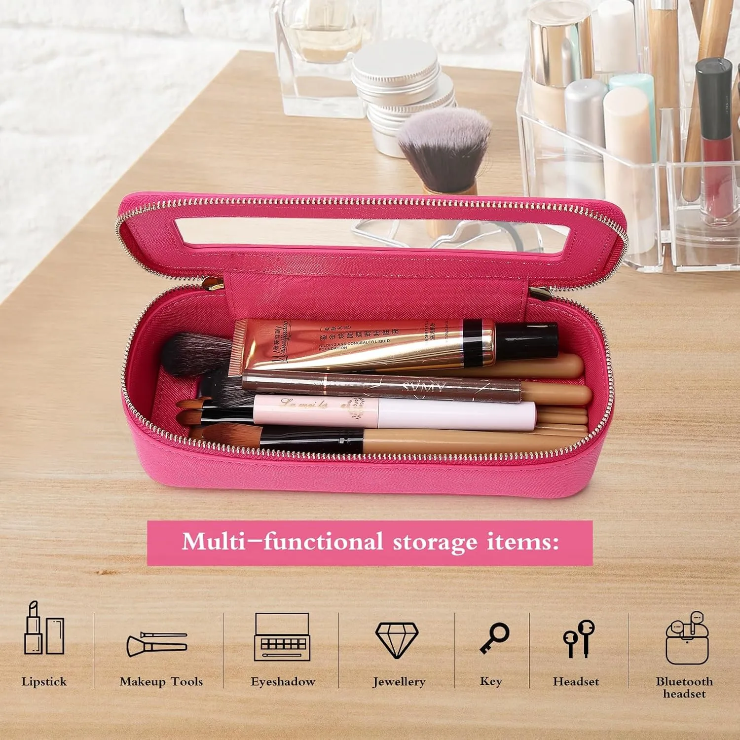Makeup Brush Case Clear Travel Cosmetic & Toiletry Bag Small Makeup Bag with Zipper Purse Organizer Car Essential Bag for Women (X/Fuxia, SLIM)