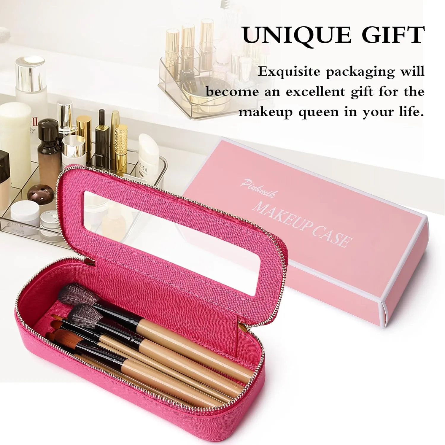 Makeup Brush Case Clear Travel Cosmetic & Toiletry Bag Small Makeup Bag with Zipper Purse Organizer Car Essential Bag for Women (X/Fuxia, SLIM)