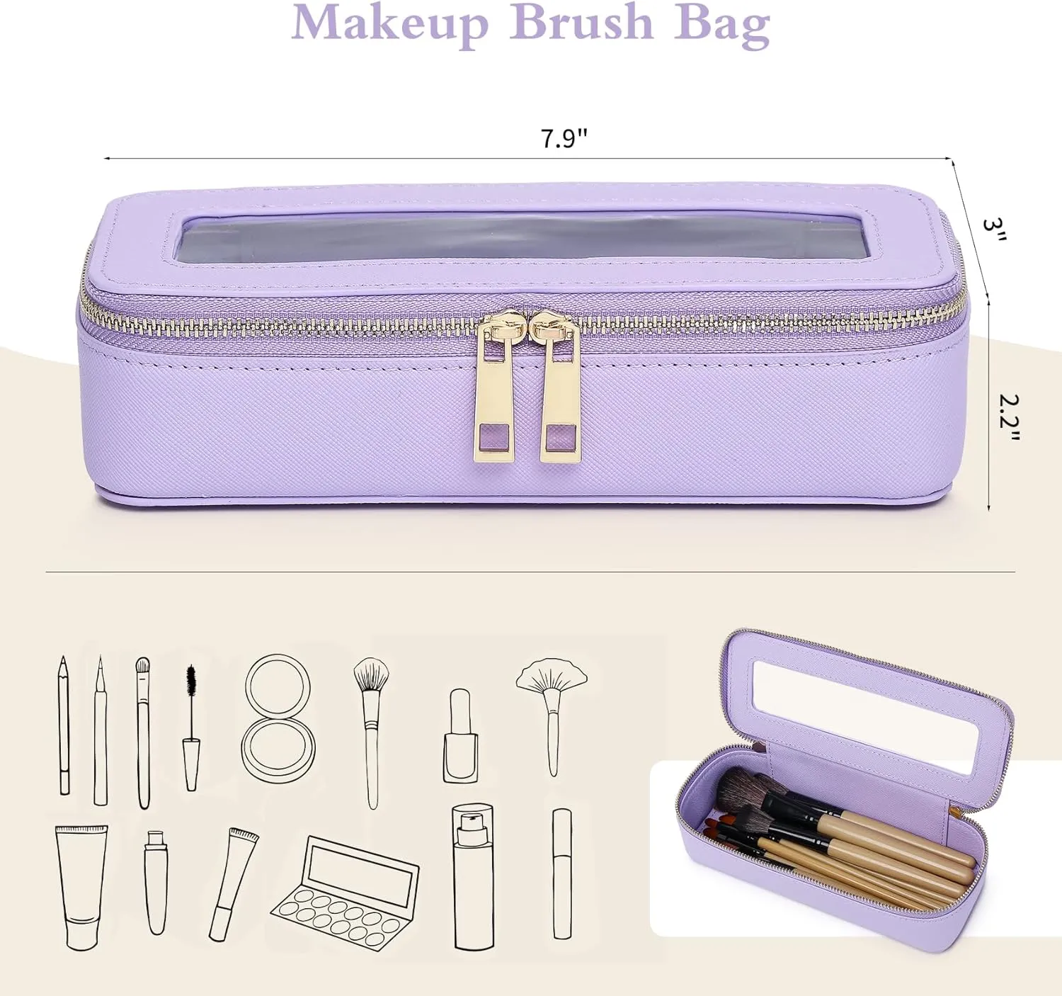 Makeup Brush Case Clear Travel Cosmetic & Toiletry Bag Small Makeup Bag with Zipper Purse Organizer Car Essential Bag for Women (X/Purple, SLIM)