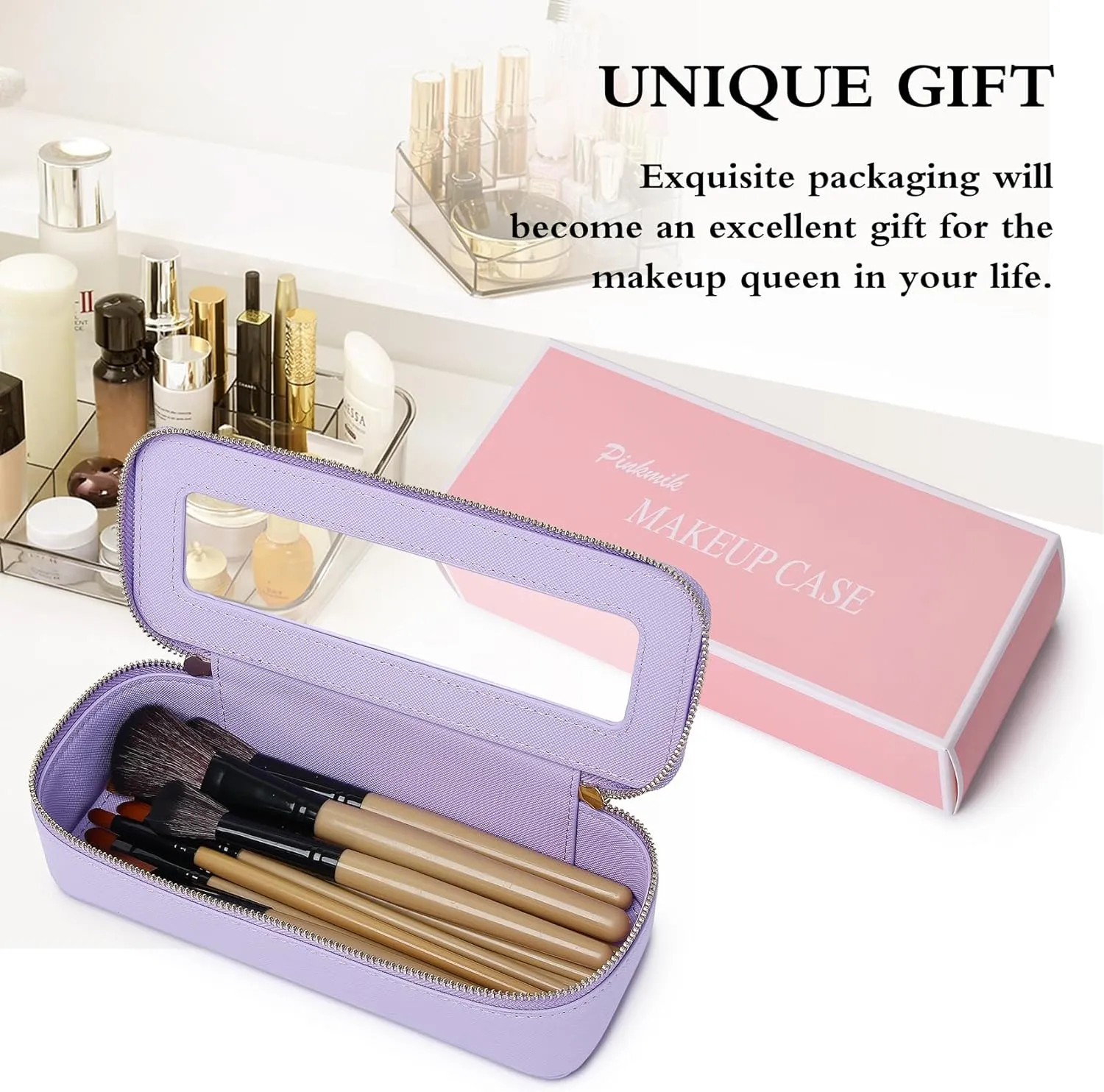 Makeup Brush Case Clear Travel Cosmetic & Toiletry Bag Small Makeup Bag with Zipper Purse Organizer Car Essential Bag for Women (X/Purple, SLIM)