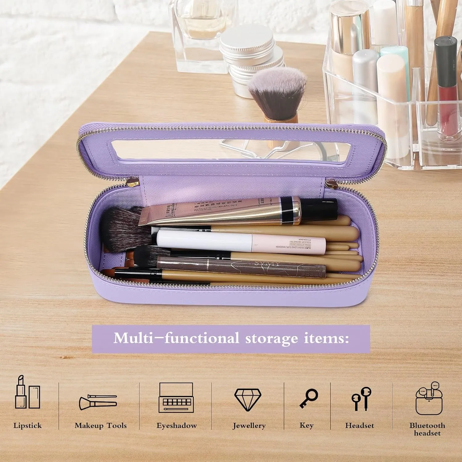 Makeup Brush Case Clear Travel Cosmetic & Toiletry Bag Small Makeup Bag with Zipper Purse Organizer Car Essential Bag for Women (X/Purple, SLIM)