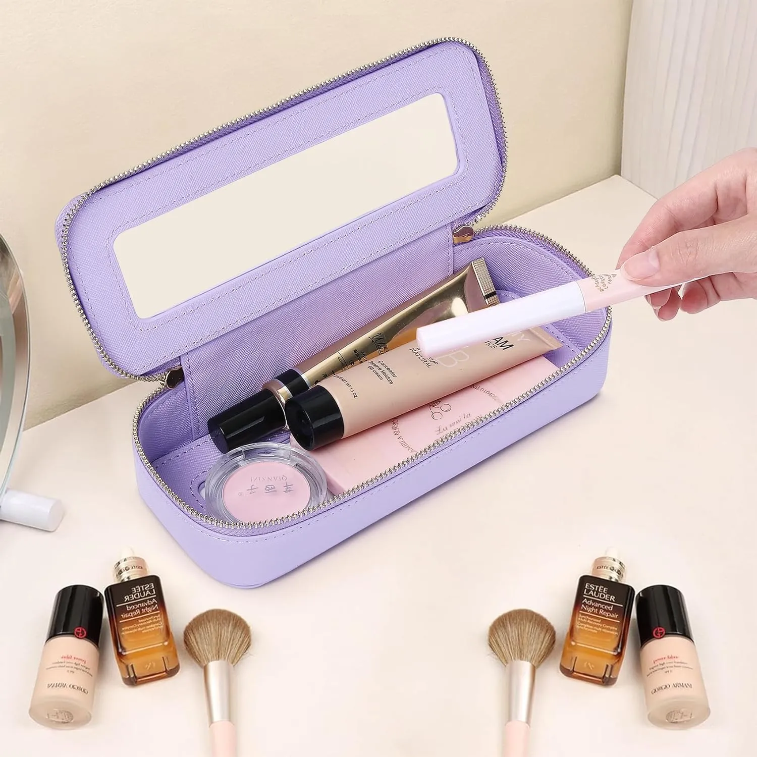 Makeup Brush Case Clear Travel Cosmetic & Toiletry Bag Small Makeup Bag with Zipper Purse Organizer Car Essential Bag for Women (X/Purple, SLIM)