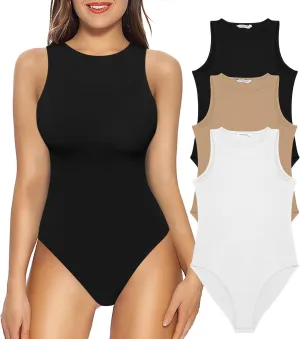 MANGOPOP Womens 3 Piece Tank Top Body Suits Sexy Crew Neck Racerback Halter Ribbed Sleeveless Bodysuit for Women