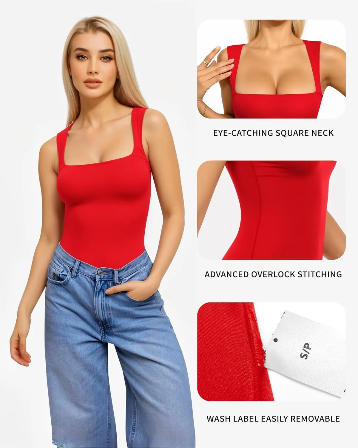 MANGOPOP Women's Square Neck Tank Top Bodysuit Sexy Double Lined Sleeveless Thong Body Suits Going Out Tops