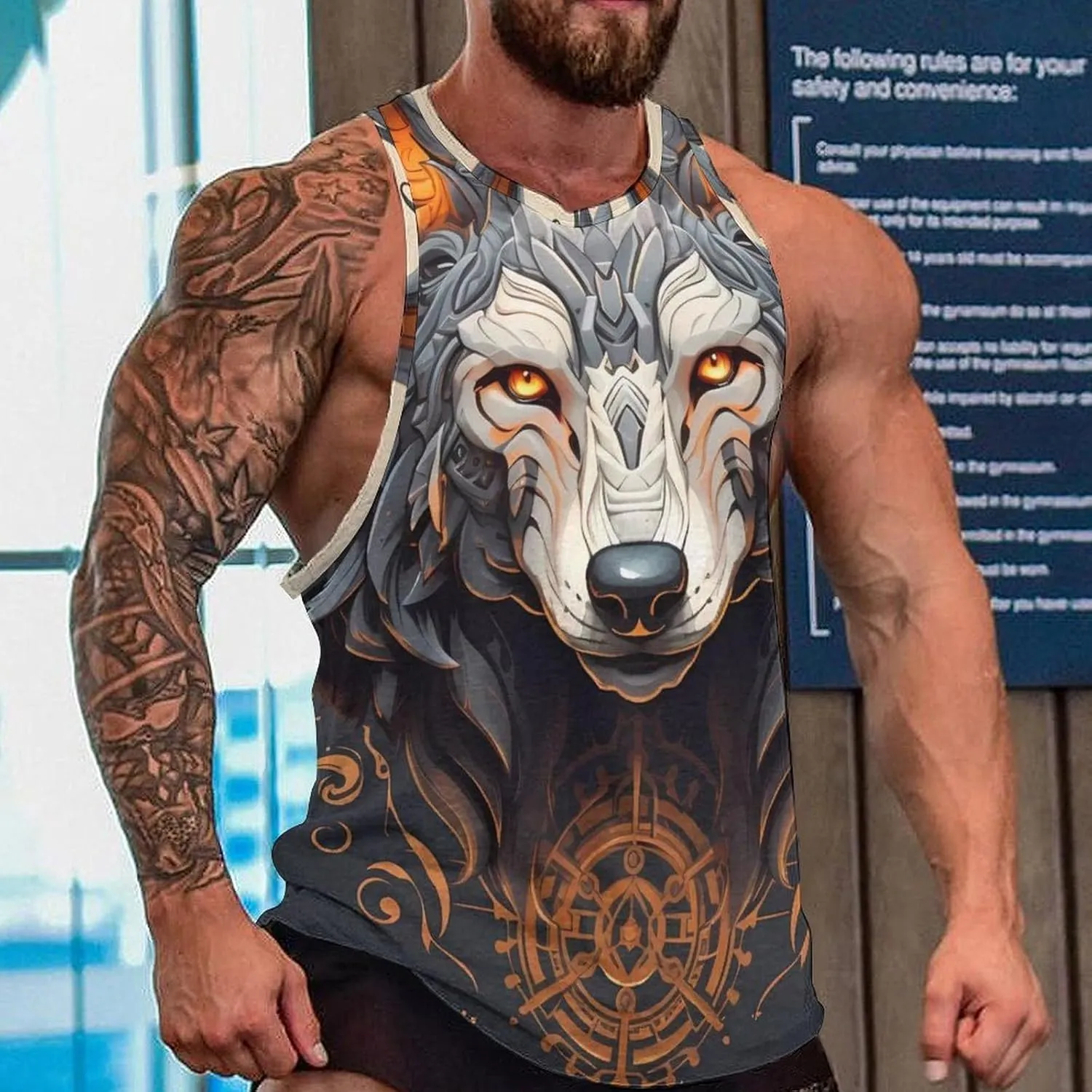 MARSVOVO Mens Tank Top Wolf Muscle Summer Casual Western Ethnic Totem Print Tank for Men Summer Beach Quick Dry Gym Vest