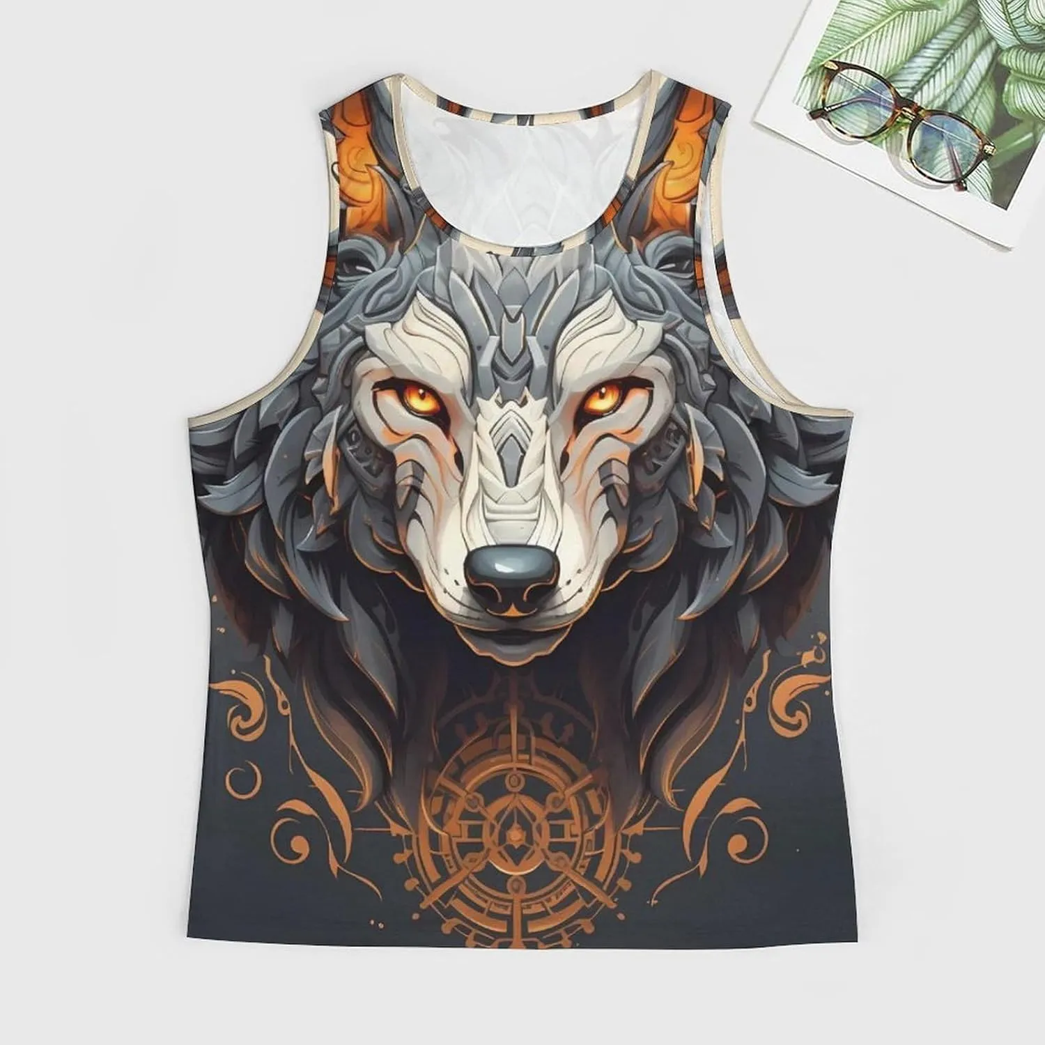 MARSVOVO Mens Tank Top Wolf Muscle Summer Casual Western Ethnic Totem Print Tank for Men Summer Beach Quick Dry Gym Vest