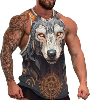 MARSVOVO Mens Tank Top Wolf Muscle Summer Casual Western Ethnic Totem Print Tank for Men Summer Beach Quick Dry Gym Vest