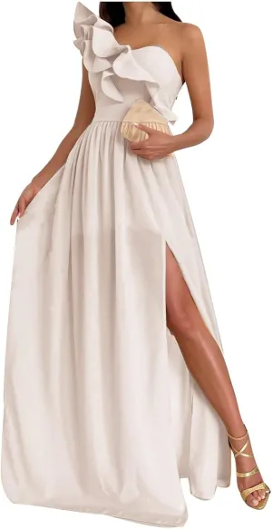 Maxi Dresses for Women One The Shoulder Dress Flowy Long Dresses Sexy Split Party Dress Trendy Ruffle Sundresses