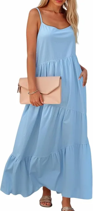 Maxi Sundresses for Women Summer Boho Beach Loose Spaghetti Strap Smocked Tiered A Line Dress Resort Long Flowy Dresses