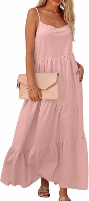 Maxi Sundresses for Women Summer Boho Beach Loose Spaghetti Strap Smocked Tiered A Line Dress Resort Long Flowy Dresses