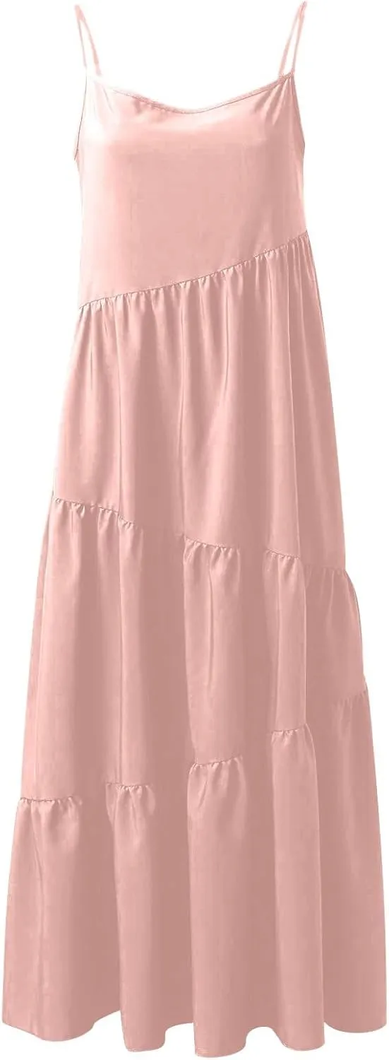 Maxi Sundresses for Women Summer Boho Beach Loose Spaghetti Strap Smocked Tiered A Line Dress Resort Long Flowy Dresses