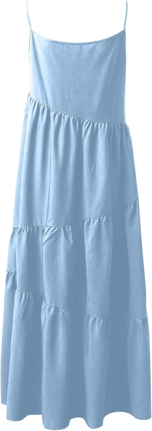 Maxi Sundresses for Women Summer Boho Beach Loose Spaghetti Strap Smocked Tiered A Line Dress Resort Long Flowy Dresses